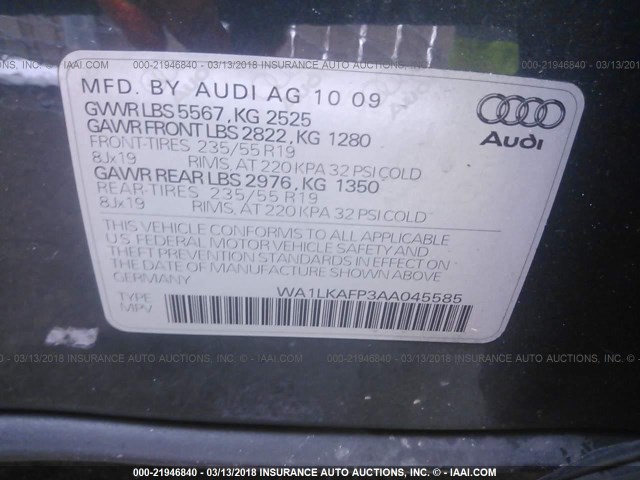 WA1LKAFP3AA045585 - 2010 AUDI Q5 PREMIUM PLUS Light Blue photo 9