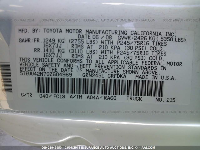 5TEUU42N79Z604969 - 2009 TOYOTA TACOMA ACCESS CAB Ақ фото 9