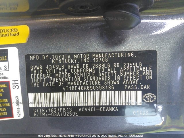 4T1BE46K69U398486 - 2009 TOYOTA CAMRY SE/LE/XLE BLACK photo 9