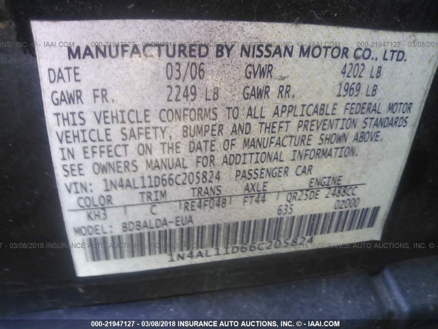 1N4AL11D66C205824 - 2006 NISSAN ALTIMA S/SL BLACK photo 9