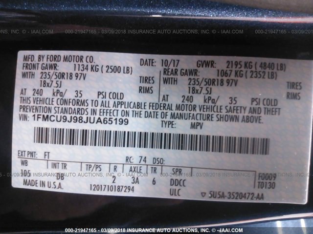 1FMCU9J98JUA65199 - 2018 FORD ESCAPE TITANIUM Mavi fotoğraf 9