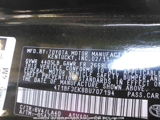 4T1BF3EK8BU707194 - 2011 TOYOTA CAMRY SE/LE/XLE Зеленый фото 9