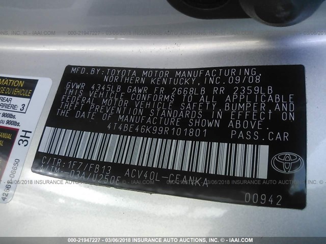 4T4BE46K99R101801 - 2009 TOYOTA CAMRY SE/LE/XLE SILVER photo 9