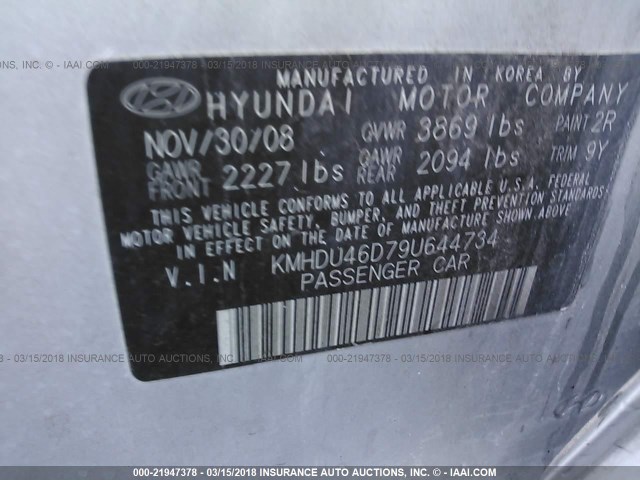 KMHDU46D79U644734 - 2009 HYUNDAI ELANTRA GLS/SE SILVER photo 9