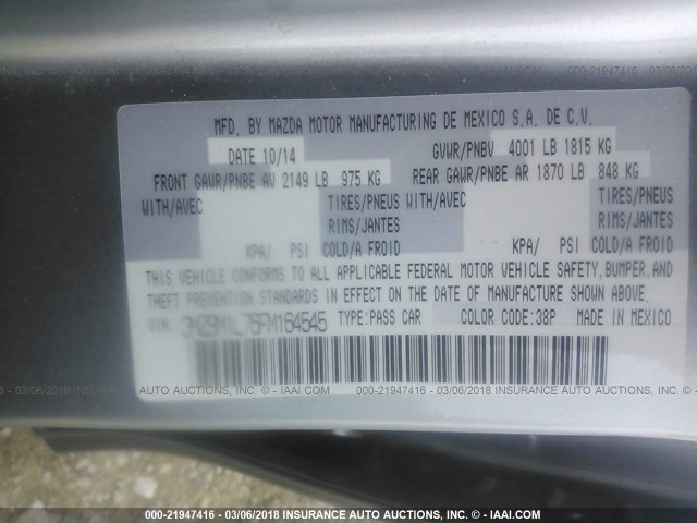 3MZBM1L76FM164545 - 2015 MAZDA 3 TOURING SILVER photo 9