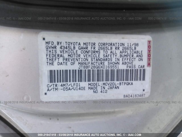 JT8BF28G6X0169551 - 1999 LEXUS ES 300 SILVER photo 9