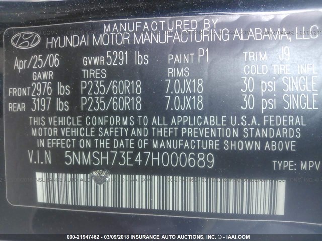 5NMSH73E47H000689 - 2007 HYUNDAI SANTA FE SE/LIMITED BLUE photo 9