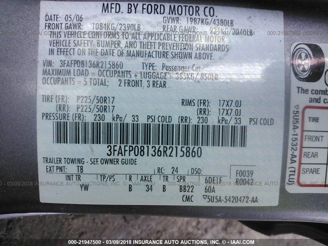 3FAFP08136R215860 - 2006 FORD FUSION SEL GRAY photo 9