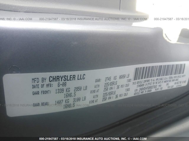 2A8HR54P68R837603 - 2008 CHRYSLER TOWN & COUNTRY TOURING SILVER photo 9