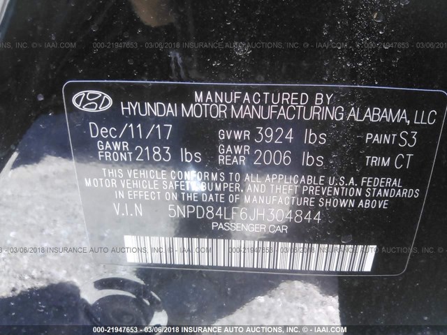 5NPD84LF6JH304844 - 2018 HYUNDAI ELANTRA SEL/VALUE/LIMITED BLACK photo 9