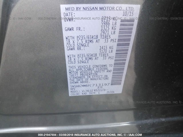 5N1AR2MM6FC713197 - 2015 NISSAN PATHFINDER S/SV/SL/PLATINUM 灰色 照片 9