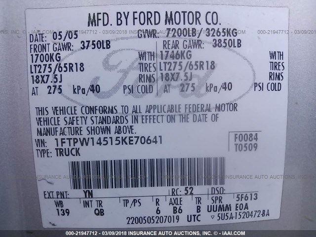 1FTPW14515KE70641 - 2005 FORD F150 SUPERCREW SILVER photo 9