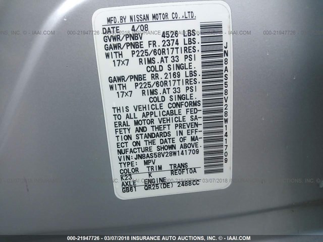 JN8AS58V28W141709 - 2008 NISSAN ROGUE S/SL SILVER photo 9