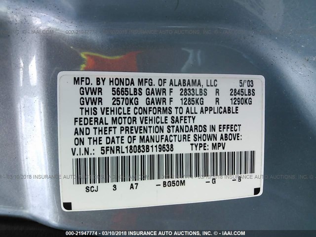 5FNRL18083B119638 - 2003 HONDA ODYSSEY EXL ღია ლურჯი ფოტო 9