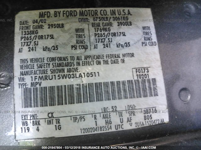 1FMRU15W03LA10511 - 2003 FORD EXPEDITION XLT ნაცრისფერი ფოტო 9