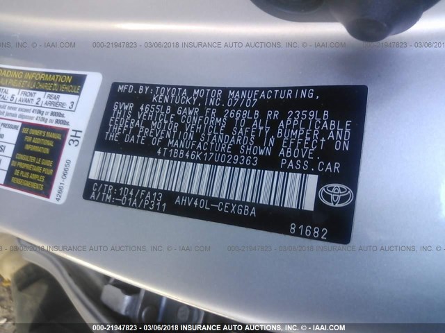 4T1BB46K17U029363 - 2007 TOYOTA CAMRY NEW GENERAT HYBRID SILVER photo 9