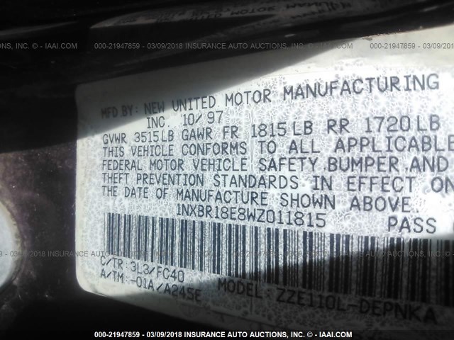 1NXBR18E8WZ011815 - 1998 TOYOTA COROLLA VE/CE/LE 栗色 照片 9