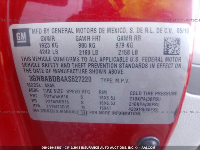 3GNBABDB4AS627220 - 2010 CHEVROLET HHR LT RED photo 9