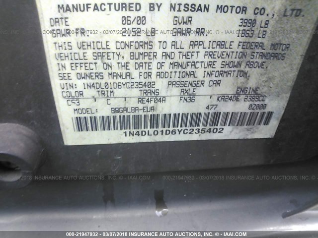 1N4DL01D6YC235402 - 2000 NISSAN ALTIMA XE/GXE/SE/GLE GRAY photo 9