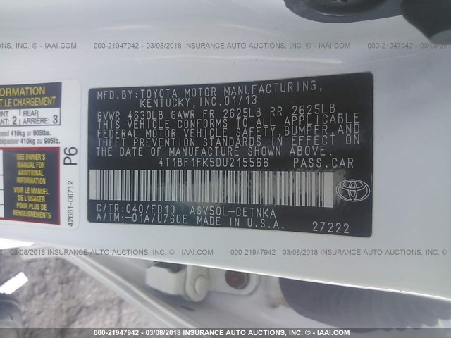 4T1BF1FK5DU215566 - 2013 TOYOTA CAMRY L/SE/LE/XLE WHITE photo 9