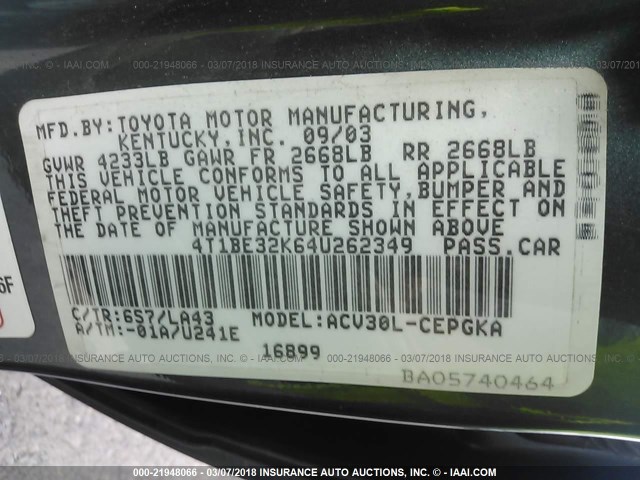 4T1BE32K64U262349 - 2004 TOYOTA CAMRY LE/XLE/SE GREEN photo 9