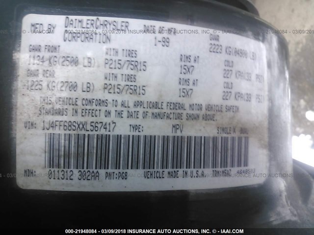 1J4FF68SXXL567417 - 1999 JEEP CHEROKEE SPORT/CLASSIC მწვანე ფოტო 9