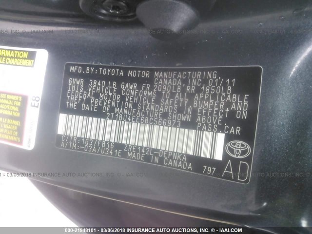 2T1BU4EE6BC566973 - 2011 TOYOTA COROLLA S/LE GRAY photo 9