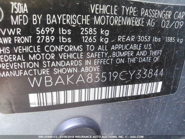 WBAKA83519CY33844 - 2009 BMW 750 I GRAY photo 9