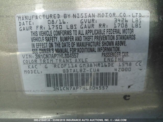 3N1CN7AP7HL804557 - 2017 NISSAN VERSA S/S PLUS/SV/SL GRAY photo 9