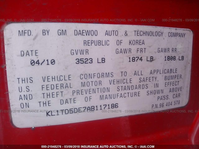 KL1TD5DE7AB117186 - 2010 CHEVROLET AVEO LS/LT 红色 照片 9