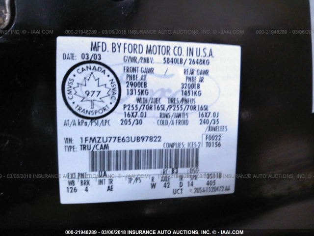 1FMZU77E63UB97822 - 2003 FORD EXPLORER SPORT TR  BLACK photo 9