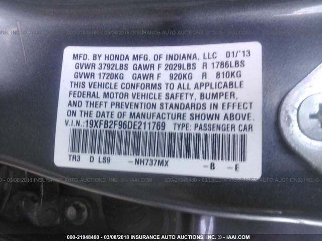 19XFB2F96DE211769 - 2013 HONDA CIVIC EXL GRAY photo 9
