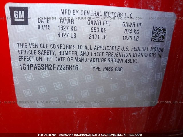 1G1PA5SH2F7225816 - 2015 CHEVROLET CRUZE LS RED photo 9