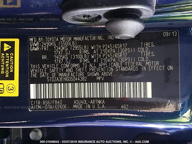 5TDZA3EH6DS044382 - 2013 TOYOTA HIGHLANDER PLUS BLUE photo 9