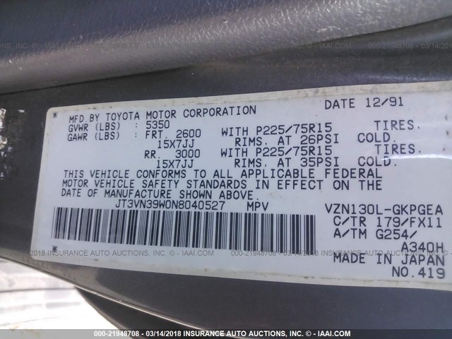 JT3VN39W0N8040527 - 1992 TOYOTA 4RUNNER VN39 SR5 灰色 照片 9