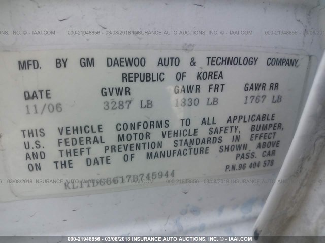 KL1TD66617B745944 - 2007 CHEVROLET AVEO LS WHITE photo 9