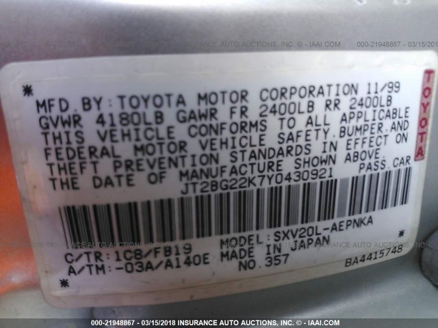 JT2BG22K7Y0430921 - 2000 TOYOTA CAMRY CE/LE/XLE 银色 照片 9