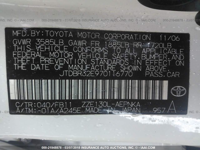 JTDBR32E970116770 - 2007 TOYOTA COROLLA CE/LE/S WHITE photo 9