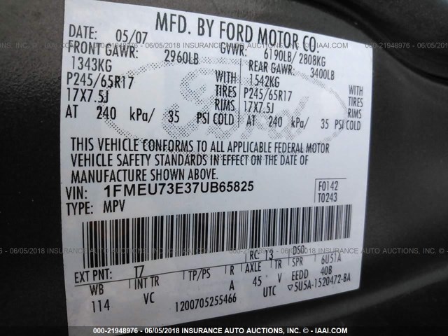 1FMEU73E37UB65825 - 2007 FORD EXPLORER XLT GRAY photo 9