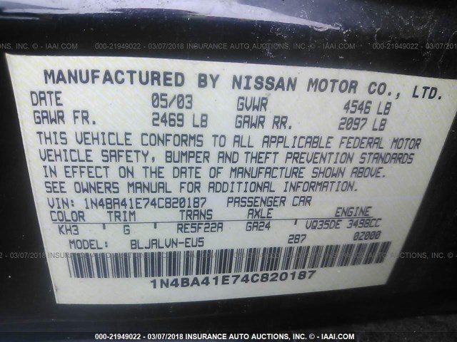 1N4BA41E74C820187 - 2004 NISSAN MAXIMA SE/SL BLACK photo 9