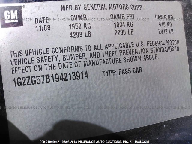 1G2ZG57B194213914 - 2009 PONTIAC G6 BLUE photo 9