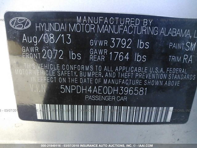 5NPDH4AE0DH396581 - 2013 HYUNDAI ELANTRA GLS/LIMITED SILVER photo 9