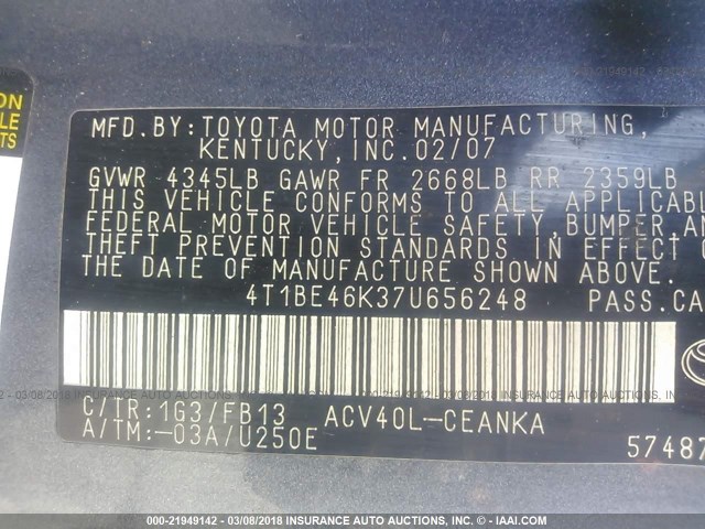 4T1BE46K37U656248 - 2007 TOYOTA CAMRY NEW GENERAT CE/LE/XLE/SE GRAY photo 9