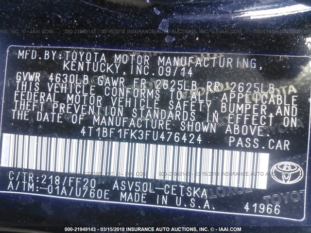 4T1BF1FK3FU476424 - 2015 TOYOTA CAMRY LE/XLE/SE/XSE BLACK photo 9