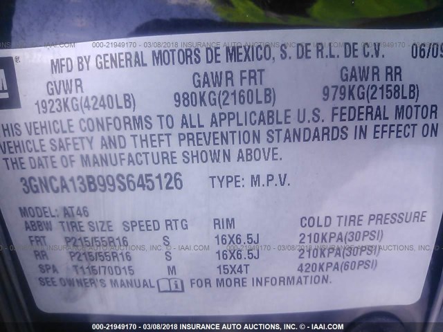 3GNCA13B99S645126 - 2009 CHEVROLET HHR LS BLACK photo 9