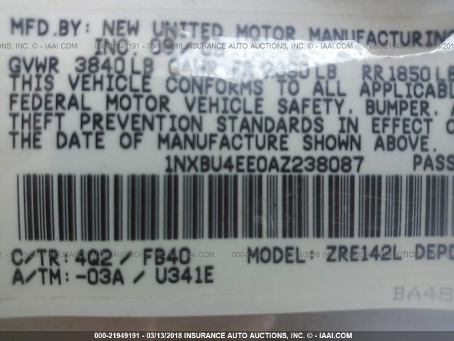 1NXBU4EE0AZ238087 - 2010 TOYOTA COROLLA S/LE/XLE GOLD photo 9