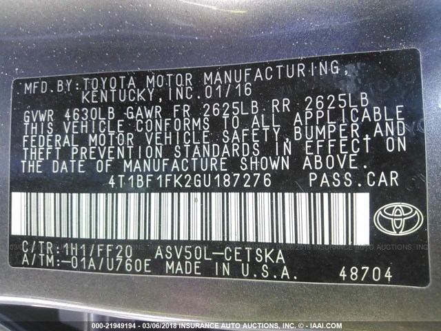 4T1BF1FK2GU187276 - 2016 TOYOTA CAMRY LE/XLE/SE/XSE 灰色 照片 9