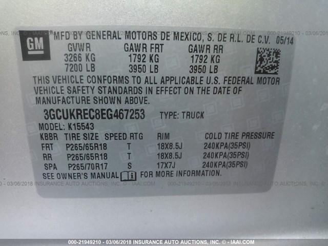 3GCUKREC8EG467253 - 2014 CHEVROLET SILVERADO K1500 LT SILVER photo 9