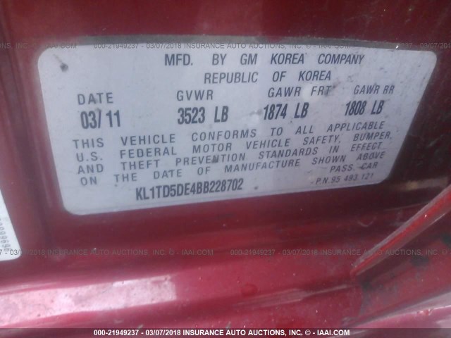 KL1TD5DE4BB228702 - 2011 CHEVROLET AVEO LS/LT RED photo 9