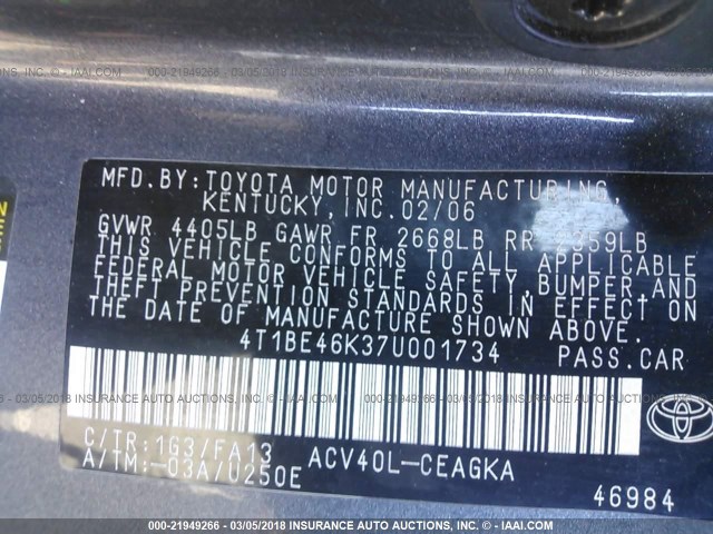 4T1BE46K37U001734 - 2007 TOYOTA CAMRY NEW GENERAT CE/LE/XLE/SE GRAY photo 9